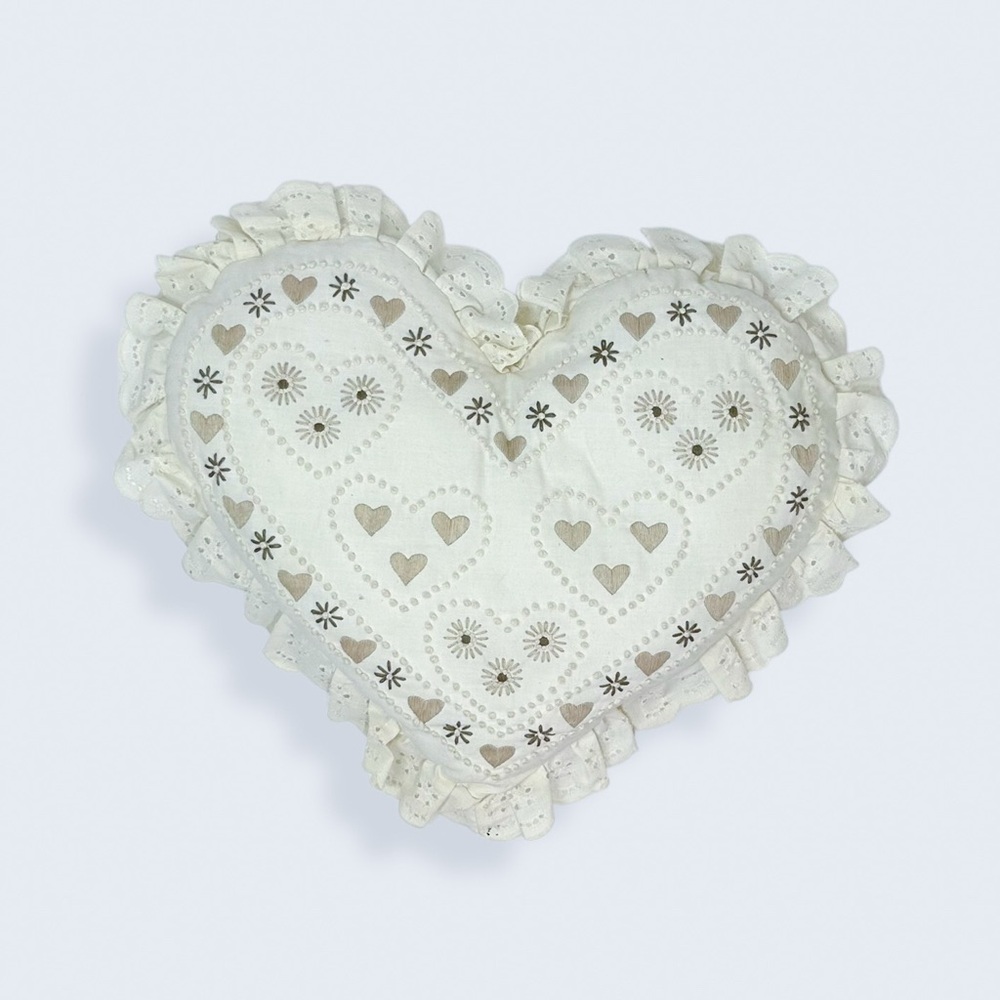 VTG Cross Stitch Candlewick Embroidered Floral Lace Edge Heart Pillow 14" x 17"